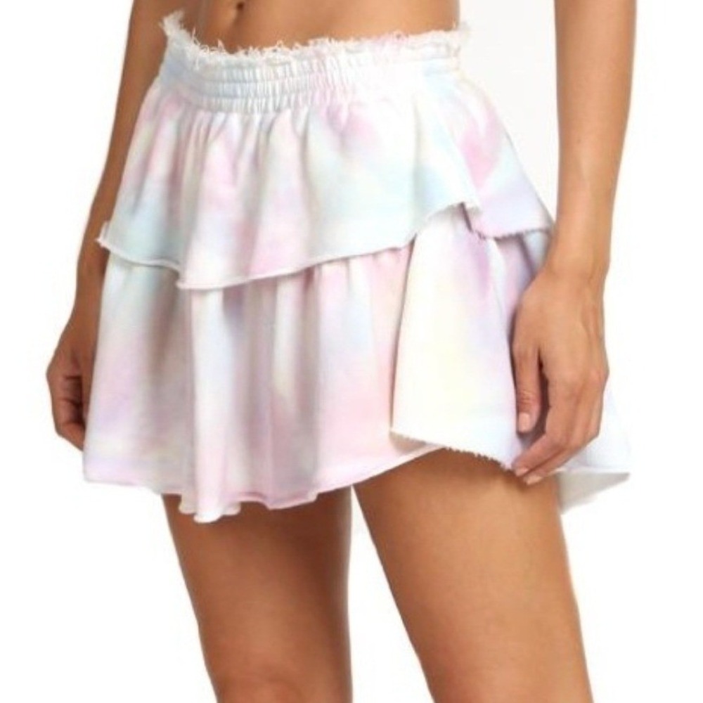 LoveShackFancy Ruffle Mini Skirt XS Pastel Tie Dye Elastic Waist Feminine Boho